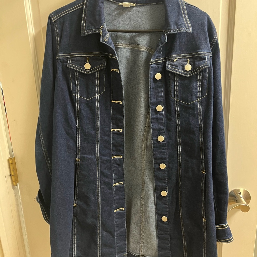 Women's Long Dark Blue Denim Jacket with Contrast Stitching
